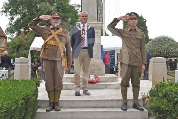 Mayor of Marlow, Councillor Chris Funnell with brother Christopher and Mark Lawley, The Marlow Remembers WW1 Association holding an exhibition about the Amiens battle - Photo: Emma Shepaprd 12/8/18