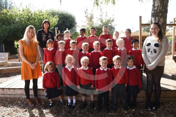 Bluebells Class.LtoR Teachers, Teaching Assistant Mrs Clare Pluse, Teaching Assistant Mrs Nikki Tibbett and Class Teacher Miss Laura Burnett.My First Class Supplement photograph.Polehampton Infant School, Hermitage Dr, Twyford, Reading.