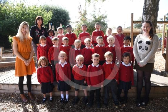 Bluebells Class.LtoR Teachers, Teaching Assistant Mrs Clare Pluse, Teaching Assistant Mrs Nikki Tibbett and Class Teacher Miss Laura Burnett.My First Class Supplement photograph.Polehampton Infant School, Hermitage Dr, Twyford, Reading.