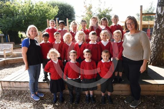 Blueberries Class.LtoR Teachers, Teaching Assistant Mrs Natalie Potter and Class Teacher Mrs Erin Bushell.My First Class Supplement photograph.Polehampton Infant School, Hermitage Dr, Twyford, Reading.