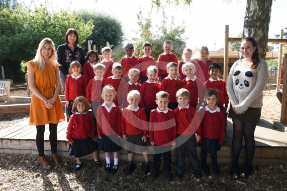 Bluebells Class.LtoR Teachers, Teaching Assistant Mrs Clare Pluse, Teaching Assistant Mrs Nikki Tibbett and Class Teacher Miss Laura Burnett.My First Class Supplement photograph.Polehampton Infant School, Hermitage Dr, Twyford, Reading.