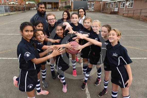 The White Waltham netball team have new kits, supplied by Goyals and generously sponsored by Clean and Sparkle. The team along with the sponsors and PE teachers. Mr Chotalia, Sophie Lika, Seema Goyal. White Waltham School, Waltham Road, White Waltham.