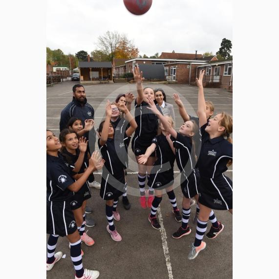 The White Waltham netball team have new kits, supplied by Goyals and generously sponsored by Clean and Sparkle. The team along with the sponsors and PE teachers. Mr Chotalia, Sophie Lika, Seema Goyal. White Waltham School, Waltham Road, White Waltham.