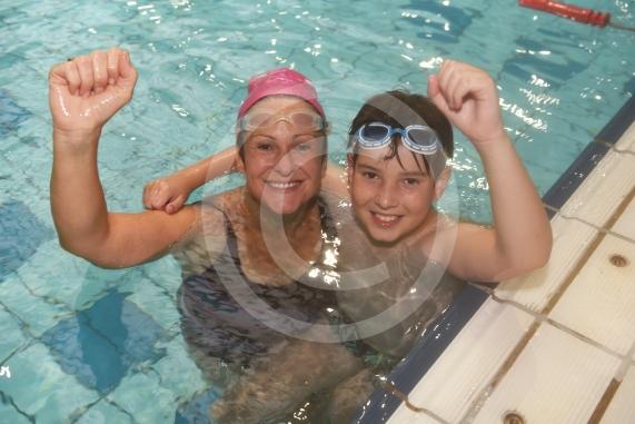 LtoR Julie Parkinson and Wyatt Parkinson, 10.The 34th Maidenhead Swimarathon at the  Magnet Leisure Centre, Holmanleaze, Maidenhead. 