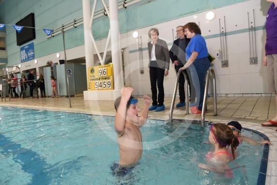 LtoR The Prime Minister Theresa May, Philip May and Brenda Butler.The Prime Minister Theresa May and Philip May visit the 34th Maidenhead Swimarathon at the  Magnet Leisure Centre, Holmanleaze, Maidenhead. 