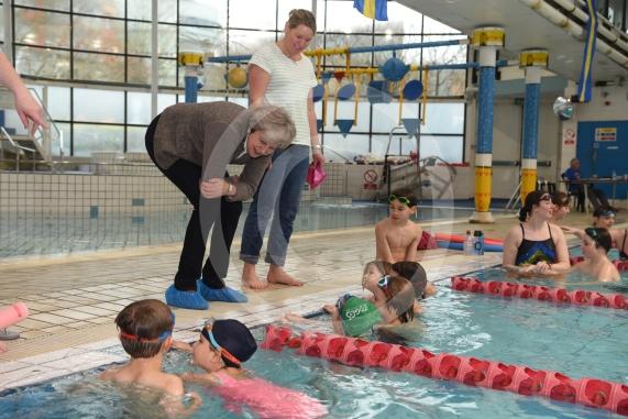 The Prime Minister Theresa May meets swimmers.The Prime Minister Theresa May and Philip May visit the 34th Maidenhead Swimarathon at the  Magnet Leisure Centre, Holmanleaze, Maidenhead. 