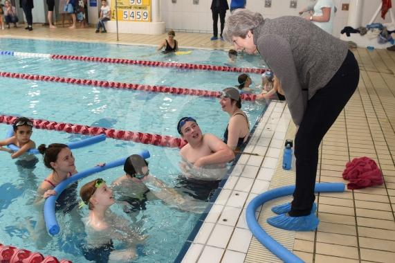 The Prime Minister Theresa May meets swimmers.The Prime Minister Theresa May and Philip May visit the 34th Maidenhead Swimarathon at the  Magnet Leisure Centre, Holmanleaze, Maidenhead. 
