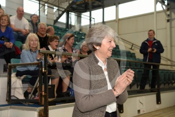 The Prime Minister Theresa May watches the swimmers.The Prime Minister Theresa May and Philip May visit the 34th Maidenhead Swimarathon at the  Magnet Leisure Centre, Holmanleaze, Maidenhead. 