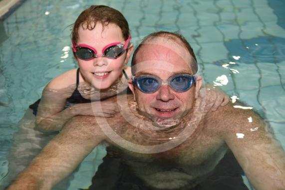 LtoR Georgina Cooper, 10 and dad, Greg Cooper.The 34th Maidenhead Swimarathon at the  Magnet Leisure Centre, Holmanleaze, Maidenhead. 
