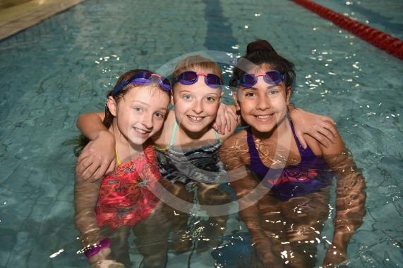 LtoR Evie White, 10, Mia Corbert, 10 and Leah Sedler, 10.The 34th Maidenhead Swimarathon at the  Magnet Leisure Centre, Holmanleaze, Maidenhead. 