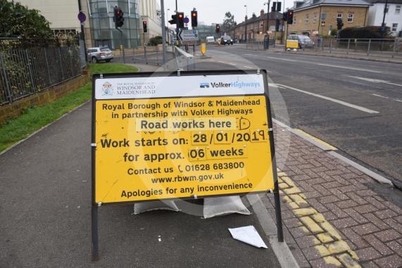 Roadworks sign signalling start of &pound;4.5 million town centre improvement scheme is up on Frascati Way, Maidenhead next to the traffic lights. Cars are going to be able to turn right out of Nicholsons once works are over.