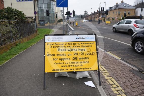 Roadworks sign signalling start of &pound;4.5 million town centre improvement scheme is up on Frascati Way, Maidenhead next to the traffic lights. Cars are going to be able to turn right out of Nicholsons once works are over.