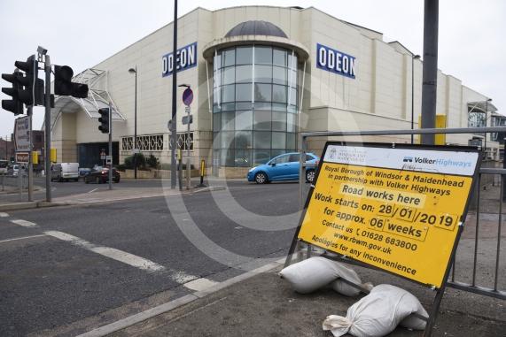 Roadworks sign signalling start of &pound;4.5 million town centre improvement scheme is up on Frascati Way, Maidenhead next to the traffic lights. Cars are going to be able to turn right out of Nicholsons once works are over.