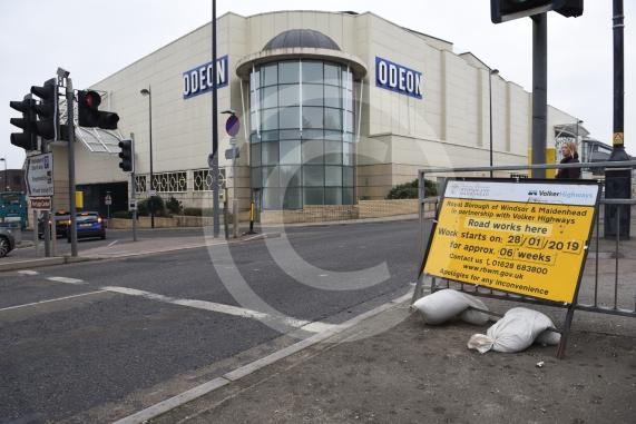 Roadworks sign signalling start of &pound;4.5 million town centre improvement scheme is up on Frascati Way, Maidenhead next to the traffic lights. Cars are going to be able to turn right out of Nicholsons once works are over.