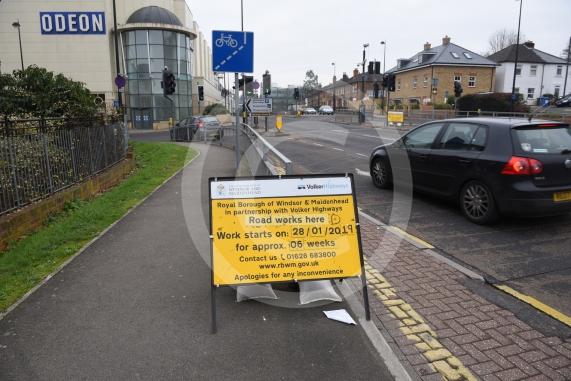 Roadworks sign signalling start of &pound;4.5 million town centre improvement scheme is up on Frascati Way, Maidenhead next to the traffic lights. Cars are going to be able to turn right out of Nicholsons once works are over.
