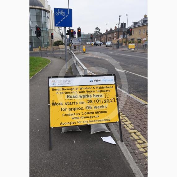 Roadworks sign signalling start of &pound;4.5 million town centre improvement scheme is up on Frascati Way, Maidenhead next to the traffic lights. Cars are going to be able to turn right out of Nicholsons once works are over.
