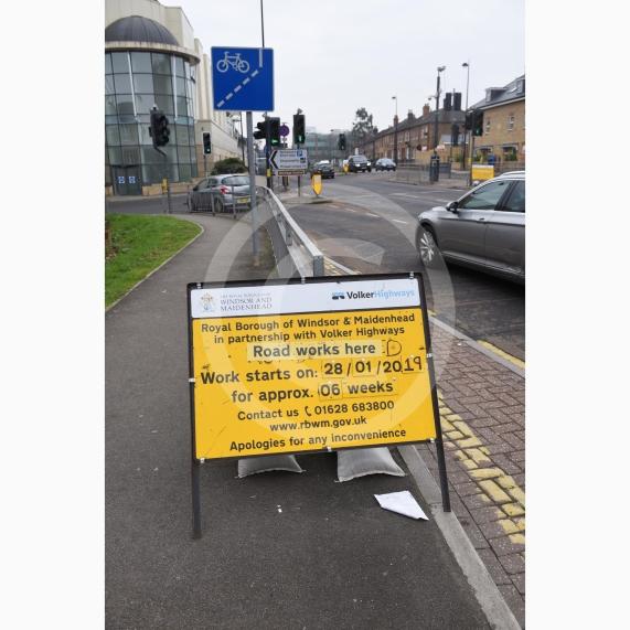 Roadworks sign signalling start of &pound;4.5 million town centre improvement scheme is up on Frascati Way, Maidenhead next to the traffic lights. Cars are going to be able to turn right out of Nicholsons once works are over.