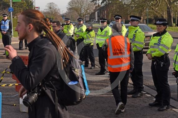 Anti-fracking network Reclaim the Power assembling a 4-metre fracking rig to blockade the Centrica HQ, protesting against the company's &pound;100 million financing to fracking firm Cuadrilla. Pictures by Emma Sheppard