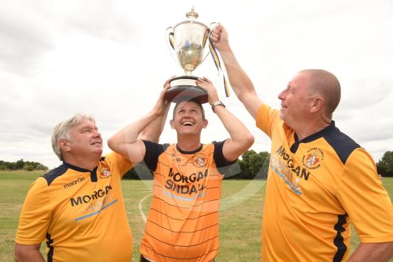 Ltor Slough Town Surporters Alan Harding, Dean Beckett and John Eames with the Berks and Bucks cup.Cippenham Carnival, Mercian Way Park, Slough.