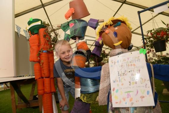 Simeon Crooks, six, looks at the scarecrows made by local primary schools.Annual Stoke Poges Horticultural showStoke Poges school, Rogers Lane, Stoke Poges.