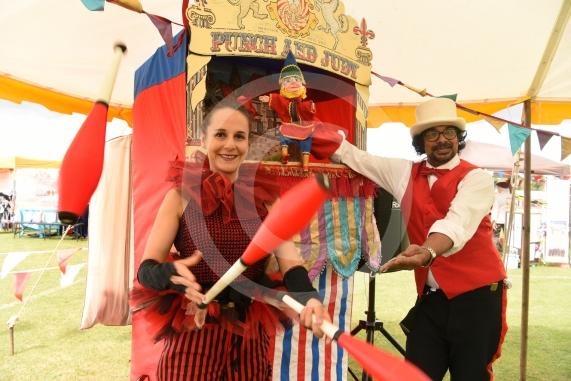 LtoR Juggler Frederike Gerstner and Professor Patel.Twyford Village fete, Stanlake Meadow recreation ground, Waltham Road, Twyford.