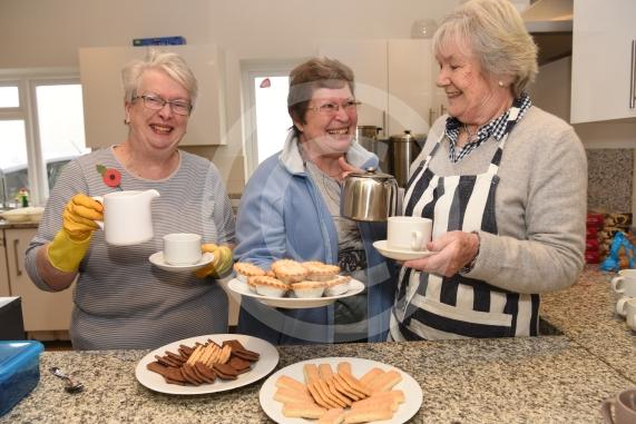 LtoR Susan Poad, Ros Hazeldine and Barbara Dent make tea and coffee at the Cookham Dean Church Autumn Fair.Cookham Dean Village Hall, Cookham Dean.
