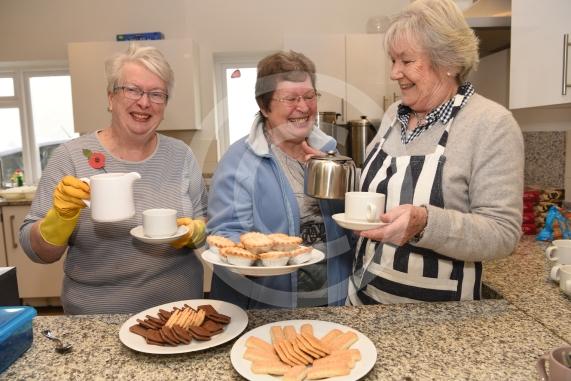 LtoR Susan Poad, Ros Hazeldine and Barbara Dent make tea and coffee at the Cookham Dean Church Autumn Fair.Cookham Dean Village Hall, Cookham Dean.