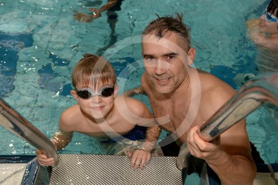 LtoR Bruno Tomkiewicz, 11 and dad Karol Tomkiewicz.Maidenhead Lions Club Swimarathon 2019.Magnet Leisure Centre, Holmanleaze, Maidenhead
