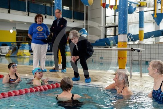 Theresa May and Philip May visit the Maidenhead Lions Club Swimarathon 2019.Magnet Leisure Centre, Holmanleaze, Maidenhead