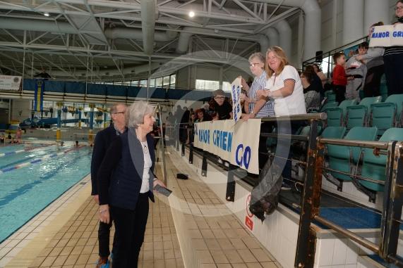 Theresa May and Philip May visit the Maidenhead Lions Club Swimarathon 2019.Magnet Leisure Centre, Holmanleaze, Maidenhead