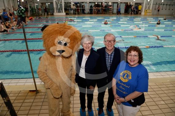 LtoR Maidenhead Lions Club Lion, Theresa May, Philip May and Brenda Butler.Maidenhead Lions Club Swimarathon 2019.Magnet Leisure Centre, Holmanleaze, Maidenhead