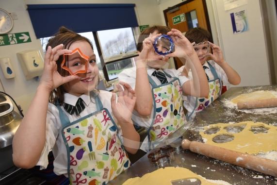 Children making biscuits for the homeless. Braywood C of E First School,  Oakley Green Rd, Oakley GreenGrace Ledger Barker 8, Cam Foster 9, Henry Kieran 9