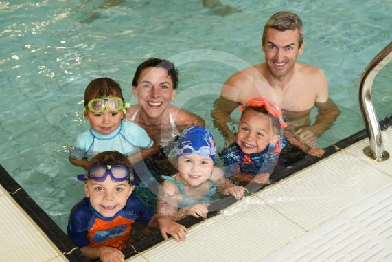 LtoR Competition winners, Laurie Ralph, five, Oliver Ralph, four, Fran Ralph, Isla Ralph, three, Alex Ralph, four and David Ralph.Opening day at the new Braywick Leisure Centre.Braywick Leisure Centre, Braywick Road, Maidenhead.