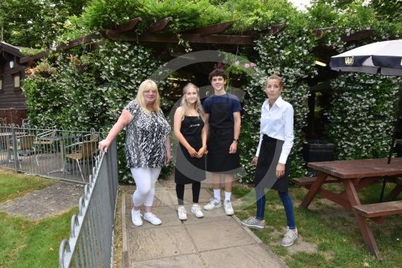 Staff at Jenners Café in Maidenhead for a piece on reopening. Ray Mead Road, MaidenheadL-R Shirley Webb, Issy Howe, Jasper May, Marion Farley