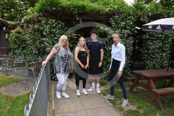 Staff at Jenners Café in Maidenhead for a piece on reopening. Ray Mead Road, MaidenheadL-R Shirley Webb, Issy Howe, Jasper May, Marion Farley