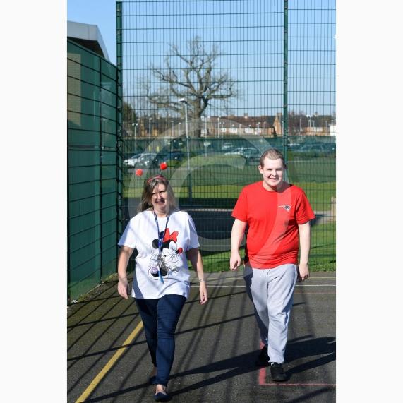 LtoR Specialist Teaching Assistant and Harrison Jacobs, 15.Comic Relief activities.Arbour Vale School, Slough.