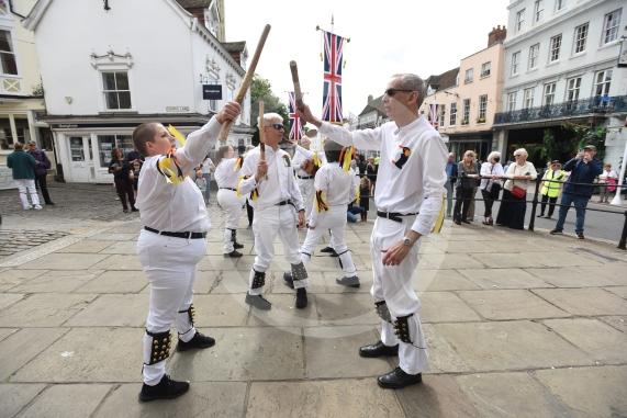 Windsor Guildhall, Windso.  Morris dancers performing on the streets of Windsor