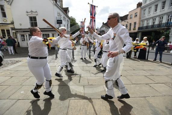 Windsor Guildhall, Windso.  Morris dancers performing on the streets of Windsor