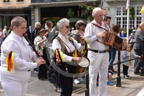 Windsor Guildhall, Windso.  Morris dancers performing on the streets of WindsorRockhopper Morris.