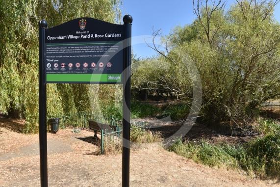 Cippenham Village Pond and Rose Garden, Lower Cippenham Lane, SL1 5DN. Cippenham Village Pond has completely dried up.