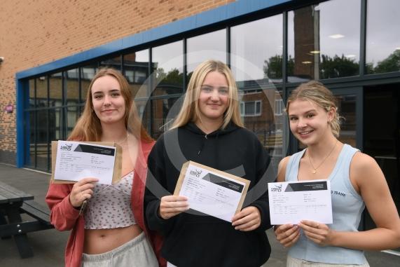 LtoR Anna Howley, Flo Checkley and Abby Jones.A-Level results day.Furze Platt Senior School, Furze Platt Rd, Maidenhead.