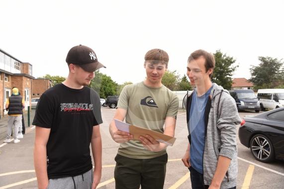 LtoR Oscar Blin, Jacob Sykes and Ben Sheppard.A-Level results day.Furze Platt Senior School, Furze Platt Rd, Maidenhead.