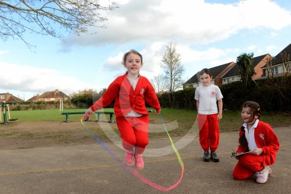 LtoR Elizabeth Addison, seven, Toby Bramley, eight, Olivia Baldacchino, seven.The school are taking part in the Space to Earth Challenge where they will attempt to do the same amount of exercise as Tim Peake does on the International Space Station .Lent Rise School, Coulson Way, Burnham 