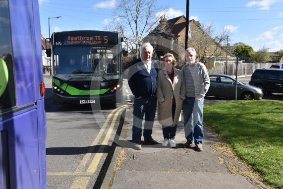 Robert Belson and neighbours at a bus stop on Lower Cippenham Lane, CippenhamRobert says that the number 4 bus in Slough has been re-routed and Cippenham is also served by a number 5 bus. With this re-routing, it means that 75 buses are coming through Cippenham village each dayL-R Bill Tame, Tracey Tame, Robert Belson