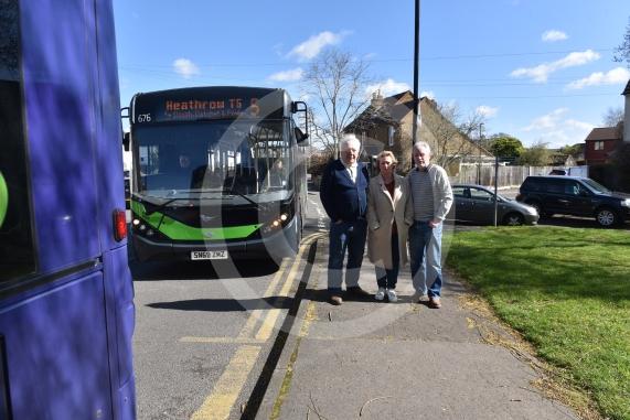 Robert Belson and neighbours at a bus stop on Lower Cippenham Lane, CippenhamRobert says that the number 4 bus in Slough has been re-routed and Cippenham is also served by a number 5 bus. With this re-routing, it means that 75 buses are coming through Cippenham village each dayL-R Bill Tame, Tracey Tame, Robert Belson