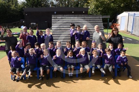 LtoR Class Teacher Mrs Rav Atwal, Teaching Assistant Mrs Tahani Salim, Teaching Assistant Miss Alice Pontin and Teaching Assistant Mrs Kerry Leigh. reception Class.St Peter's C of E Primary School, Minniecroft Road, Burnham.