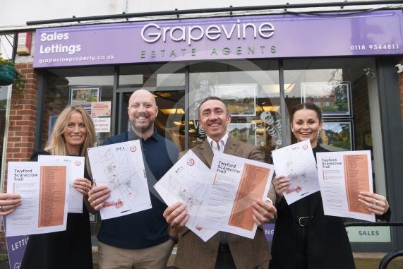 LtoR Sally Dobbin, Adam Shaw, Oliver Bush and Holly Watson from Grapevine Estate agents with Twyford Scarecrow Trail maps.Twyford Scarecrow Trail 2023, Twyford.