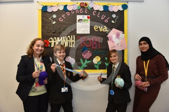 Burnham Grammar School Crochet Club &ndash; poppiesThe school runs a crochet club for students and their current project has been making crocheted poppies for Remembrance Day. Eva Baker 16, L-R John Weeks 11, Tobi Dunk 11Aaminah Zia 16