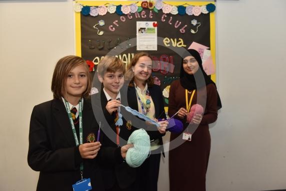 Burnham Grammar School Crochet Club &ndash; poppiesThe school runs a crochet club for students and their current project has been making crocheted poppies for Remembrance Day.L-R Tobi Dunk 11,  John Weeks 11, Eva Baker 16, Aaminah Zia 16