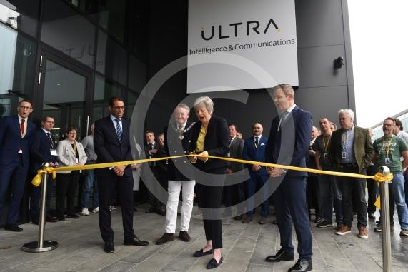 Ultra Intelligence & Communications (Ultra I&C) will be opening their Cyber Centre of Excellence in Maidenhead. Ultra Intelligence & Communications, Building 1, Foundation Park, Maidenhead, Berkshire, SL6 3UD L-R Shonnel Malani, Chairman of the Board Ultra Electronics,  RBWM Mayor Neil Knowles, Rt Hon Theresa May MP, Richard Dingley, UK President of Ultra intelligence & Communications Cyber